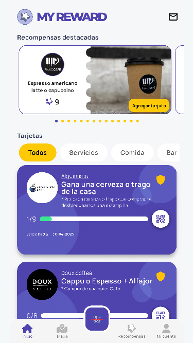 Pantalla de inicio con tarjetas